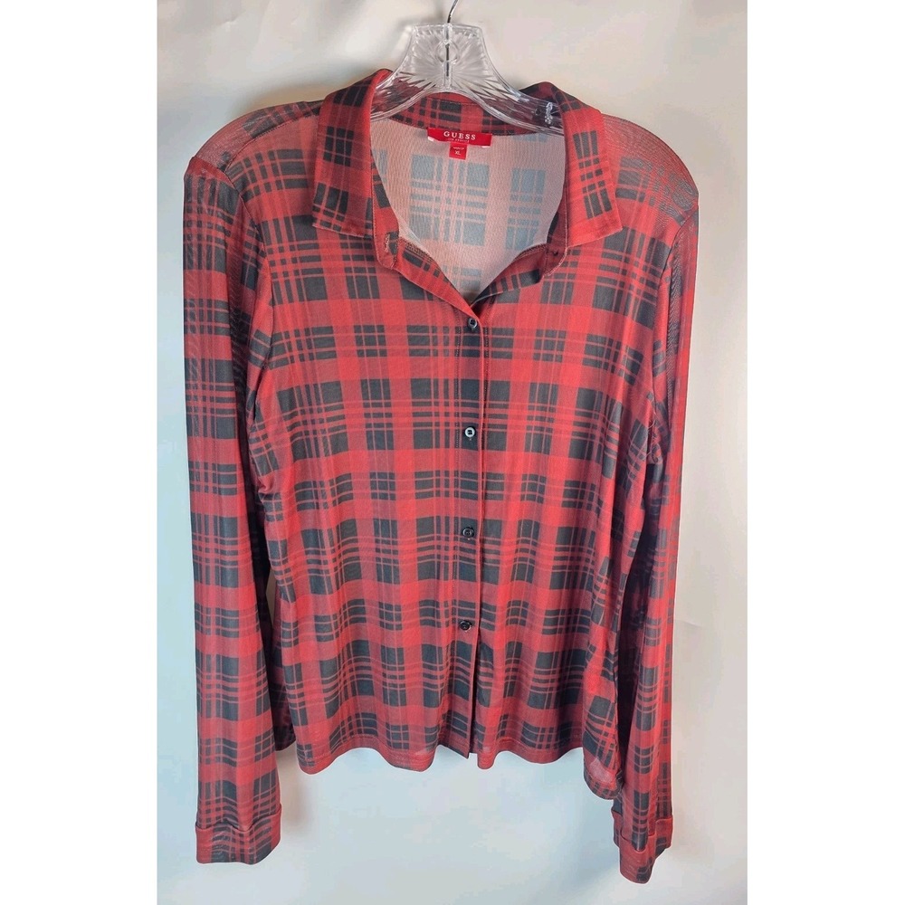 Guess Long Sleeve Plaid Sheer Button-down Black & Red Shirt Size XL